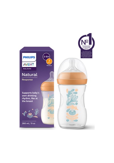 Doğal Tepkili Biberon, 260 Ml, Orta Akışlı Emzik Ucu Akış 3 , Orman Bitkileri Desenli, Scy903/74