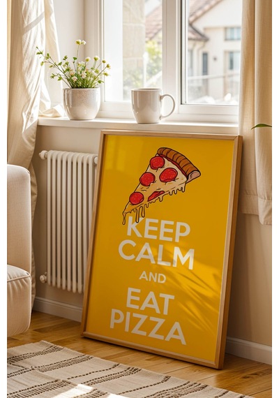 Retro Keep Calm And Eat Pizza Çerçeveli Tablo - Modern Mutfak Ve Yemek Odası Duvar Dekoru Kayın
