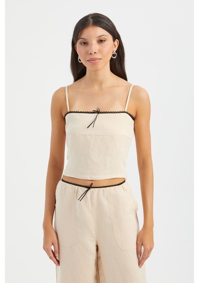 Hiccup Çizgili Kare Yaka Askılı Crop Top Krem Doğal
