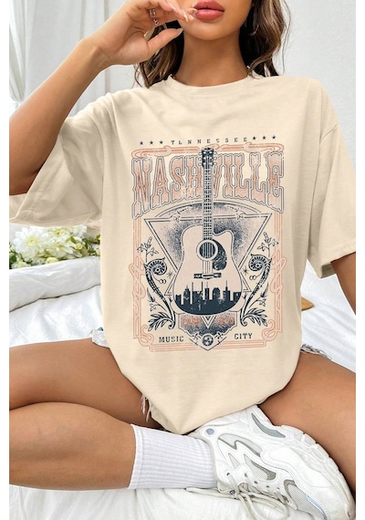 Uyguntarz Unisex Music City Baskılı Oversize Tshirt Bej