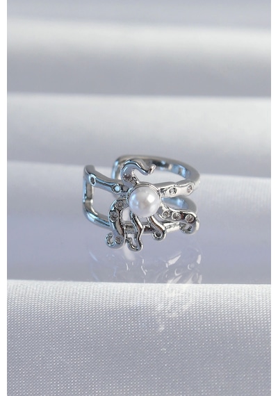 Pirinç Gümüş Renk İncili Ahtapot Earcuff Küpe Çok Renkli