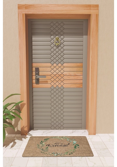Rugmood Modern Dijtal Baskı Yeşil Yaprak Çerçeveli Welcome Kapı Önü Paspası Çok Renkli
