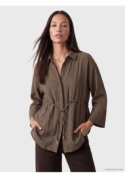 Lcw Everyday Kahverengi Beli Bağcıklı Oversize Kadın Gömlek