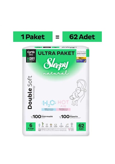 Sleepy Natural Double Soft Ultra Paket Bebek Bezi 6 Numara Xlarge 62 Adet