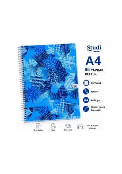 Studi A4 Çizgili Defter 96 Yaprak Spiralli Mavi Geometrik Desenli Okul Ders Defteri Çok Renkli