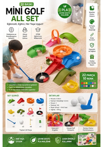 3d Baskı Mini Golf All Set Eğitici Çocuk Golf Oyun Seti 22 Parça 10 Renk