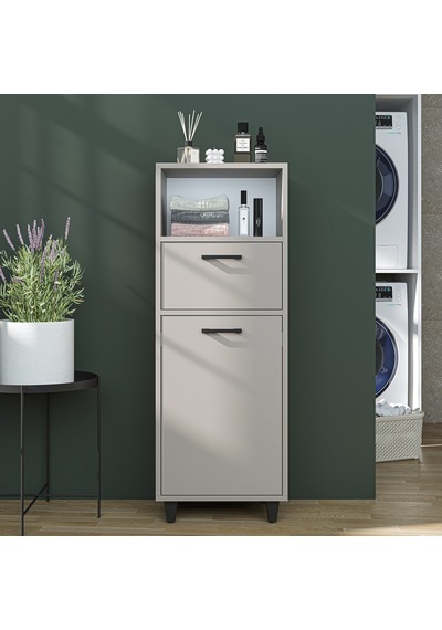 Çamaşır Sepetli Banyo Dolabı, Çok Amaçlı Çekmeceli Dolap 45 Cm Kumtaşı