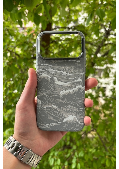 Apple iPhone Uyumlu 17 Pro Deniz Dalgası Desenli Soft Dokulu Karbon Fiber Magsafe Kılıf Gri