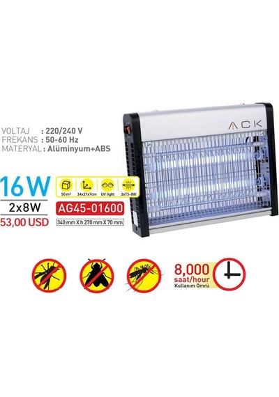 Ack Ag45-01600 Ack Sinek Armatür 2x8w Haşere Kovucu Ip20 35x28mm