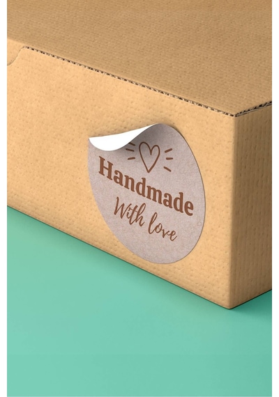 Kalp İkonlu Handmade With Love Kraft Sticker 3x3cm St2258 Çok Renkli