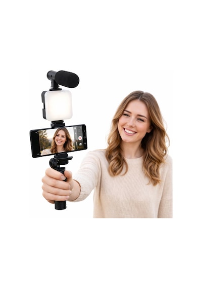 Telefon İçin Video Çekim Seti Led Işıklı Mikrofonlu Tripodlu Vlog Canlı Yayın Selfie Kiti