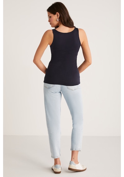 Ethıquet Jayla Kadın Pamuklu Slim Fit Dar Kesim Kalın Askılı Oyuk Yaka Örme Lacivert Atlet