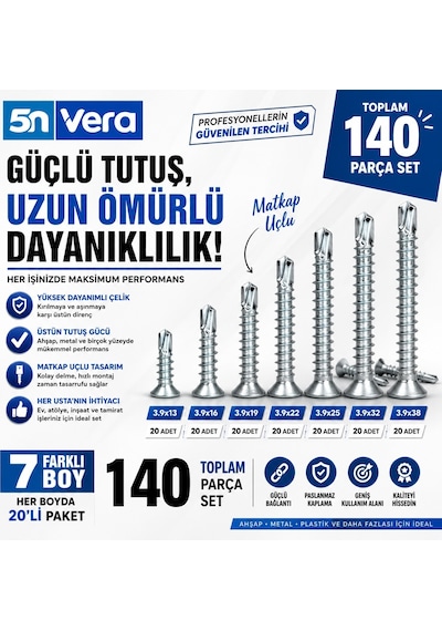 3.9 Akıllı Vida Matkap Uçlu Vida Seti 3.9x13 3.9x16 3.9x19 3.9x22 3.9x25 3.9x32 3.9x38 Kendinden Delici Sac Ve Metal Montaj Vidası 140 Adet