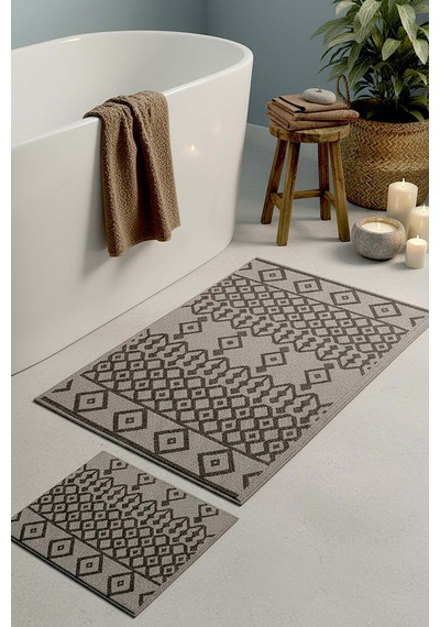 Gri Etnik Desen 2 Li Banyo & Klozet Paspas Takımı