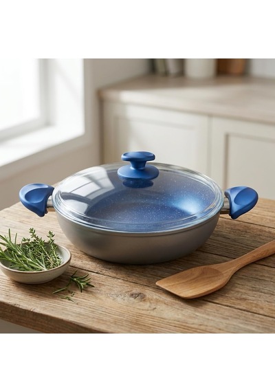 Argos 26 Cm Karnıyarık Tenceresi - Gri Gövde Ve Mavi Kırçıllı Özel Kaplama - Ergonomik Tasarımlı - Cam Kapaklı