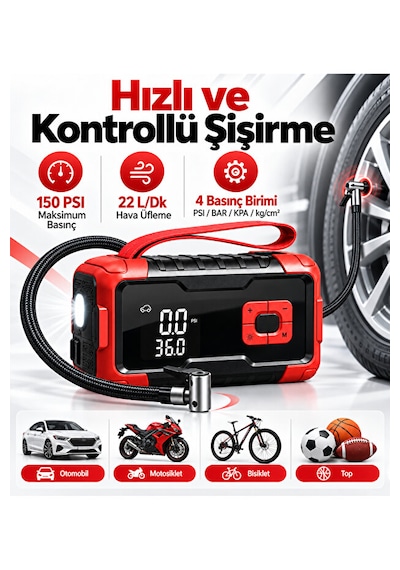 Taşınabilir Akü Takviye Cihazı Ve Dijital Hava Kompresör 1000a 8000 Mah 150 Psı Dijital Ekranlı Led Işıklı Lastik Şişirme