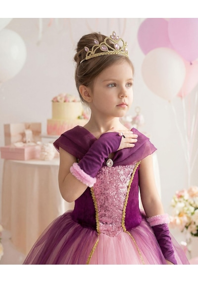 Butikhappykids Kız Çocuk Kostüm Rapunzel Mor Düşük Omuz Detaylı Kasnaklı Kabarık Prenses Elbise 3-8 Yaş Taç Ve Eldiven Hediyeli Mor