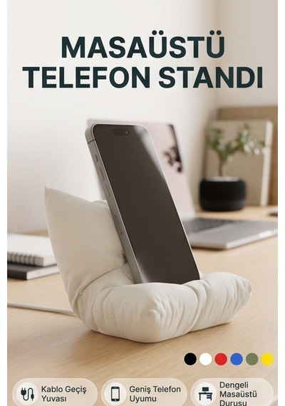 Masaüstü Telefon Standı Yastık Tasarımlı Şarj Girişli Telefon Tutucu Beyaz