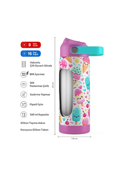 Puccon 540 Ml Renkli Dondurma Desenli Pembe Kız Çocuk Pipetli Çelik Termos Matara/suluk - 60049