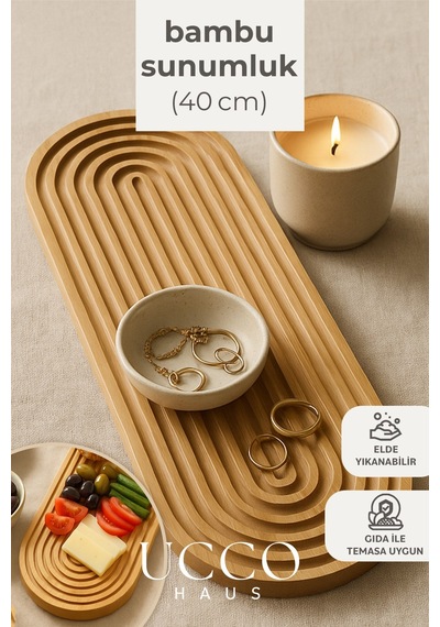 Doğal Bambu Sunumluk - 40x16x1,5cm Kahve, Tatlı & Peynir Sunumluk Oval Oluklu Servis Tabağı