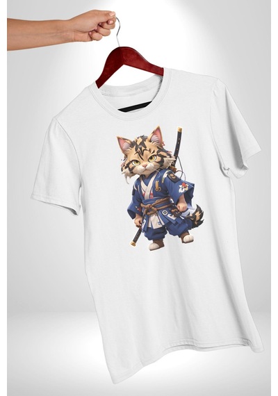Japon Samuray Kılınç Unisex Unisex Beyaz Organik Baskılı T-shirt Penye Yüksek Kalite Beyaz