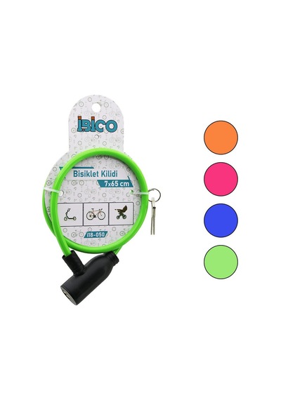 Anahtarlı Eko - İnce Plastik Kafa Bisiklet Kilit Çelik Tel Renkli Kılıf 7mmx65cm 5705 Çok Renkli