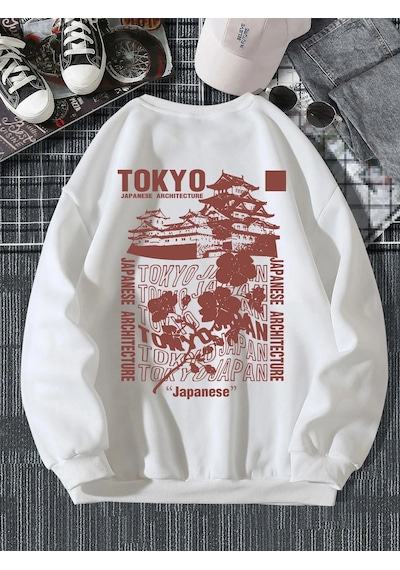 Startmore Tarzsokak Japon Tokyo Sakura Baskı Bahar Rahat Kadın Kazak Kazak Sıcak Yumuşak Hoodies Gevşek Crewneck Beyaz