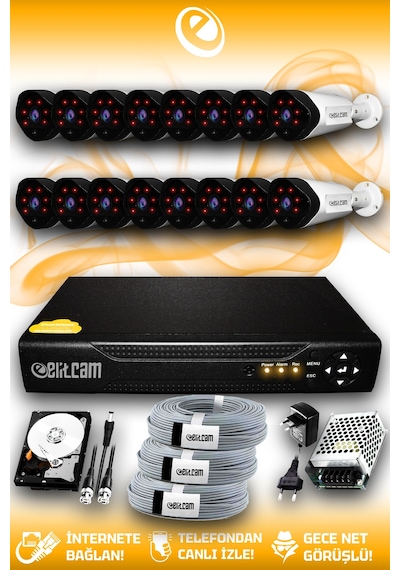 Elitcam 16 Kameralı Uzay 16 Dış Kamera Set 1 TB HDD Full HD Gece Görüşlü Güvenlik Kamerası Sistemi