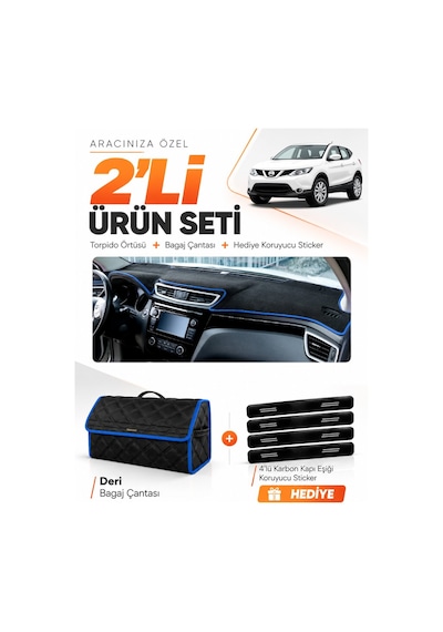Nissan Qashqaı J11 2013-2020 Uyumlu Torpido Örtüsü + Deri Bagaj Çantası + Sticker - Siyah Mavi