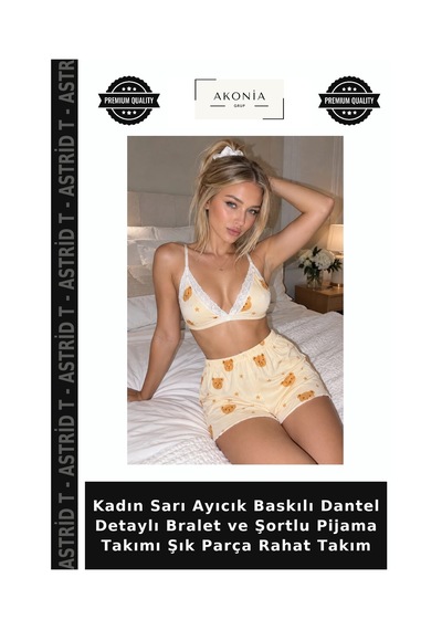 Astrid T Kadın Sarı Ayıcık Baskılı Dantel Detaylı Bralet Ve Şortlu Pijama Takımı Şık Parça Rahat Takım Diğer