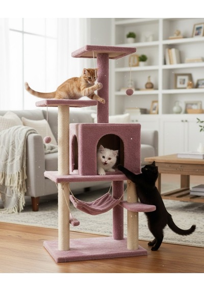 Reyo Pet Y01 Salıncaklı Yuvalı Lüx Kedi Tırmalama Oyun Evi Gül Kurusu