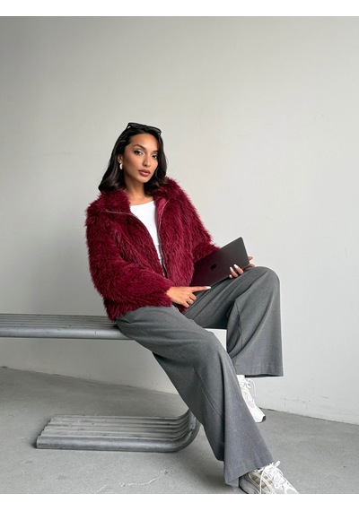 Verymoda Yapay Kürk Kadın Ceket Fermuarlı, Yumuşak Dokulu Modern Kışlık Mont F2037 Bordo
