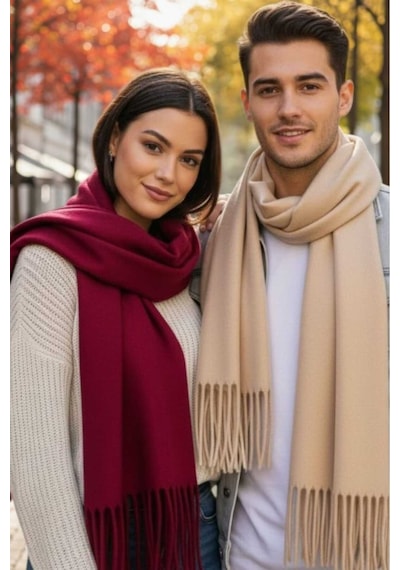 Tezzgelsin Unisex Yumuşak Dokulu Püsküllü Kışlık Buklet Atkı Şal 2'li Set Bordo - Bej