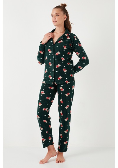 Lela Standart Fit Düğmeli Polarlı Bayan Pijama Takımı 6095615 Yeşil