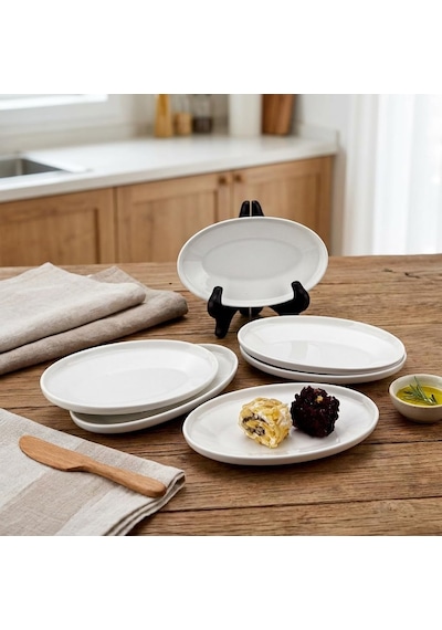 Deconox 6'li Porselen Küçük Boy Oval Tabak Seti - Minimalist Beyaz Sunum Tabağı Kahvaltılık Mezelik Ve Sosluk Ser Diğer