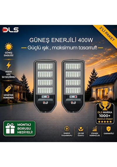 2'li Paket Dls 400w Güneş Enerjili Solar Sokak Lambası Hareket Sensörlü Led Bahçe Aydınlatması