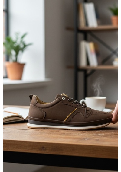 Enoch Hakiki Deri Sarılı Detaylı Erkek Sneaker Ayakkabı Ortopedik Taban Kahverengi