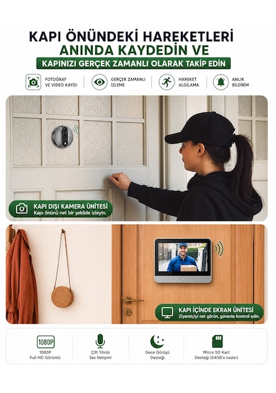 Wifi Akıllı Kapı Kamerası 4.3" Ekran 1080p Hd Görüntülü Kapı Dürbünü Pır Sensörlü