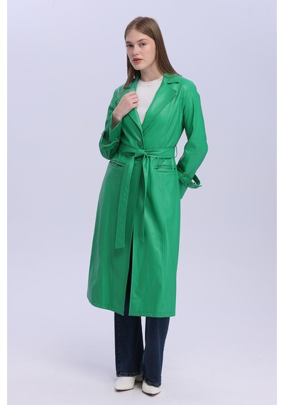 Selectmoda Kadın Kemerli Uzun Kaban Yeşil