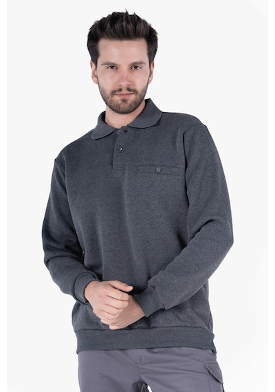 3 İplik Polo Yaka Fleto Cepli Sweatshirt Antrasit Melanj
