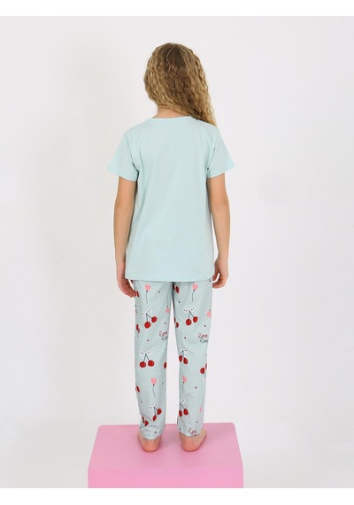 Kız Çocuk Kısa Kollu %100 Pamuklu Pijama Takımı Cherry Mint