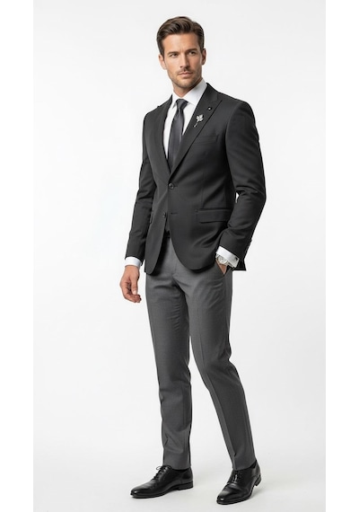 Plus Scorpion Erkek Blazer Ceket Twill Puntolu Kırlangıç Yaka 2 Düğmeli Çift Yırtmaçlı Slim Fit Siyah