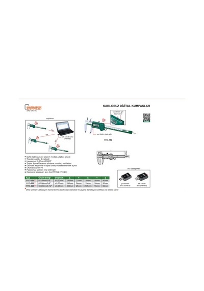 Insize 1113-150 Dijital Kumpas - Kablosuz Veri Aktarmalı Model 0-6"/0-150mm 0.01mm/0.0005"