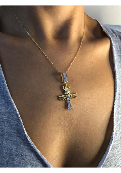 Ankh Mısır Scarab 925 Gümüş Kadın Kolye - Sevgiliye Eşe Anneye Arkadaşa Hediye Kolye