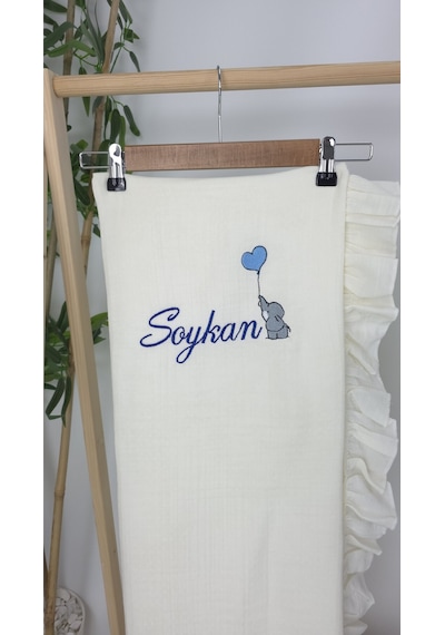 Gros Shop Müslin Yeni Doğan 4katlı Organik %100pamuk Kişiye Özgü Nakışlı Hastane Çıkış Seti Filli Model-2 Ekru
