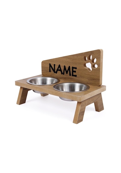 Nursoft Ahşap Kedi Mama Kabı Özel Isim Baskılı Kedi Köpek Su Kabı