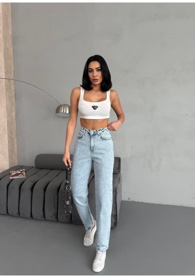 Ara Beden Blue Snow Wash Lycra Mom Jean Mavi