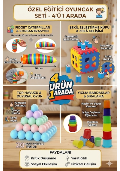 Tırtıl + Bultak 18 Parça +sevimli Kule 6 + 20 Adet Havuz Topu Gelişim Seti 4'lü