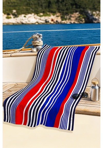 Çizgili Marine Çift Taraflı Plaj Havlusu - Modern Lacivert Kırmızı Hızlı Kuruyan Mikrofiber Havlu Çok Renkli