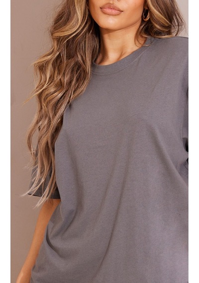 Düz Süprem T-shirt - Füme Oversize Bisiklet Yaka Kısa Kol Tişört Füme